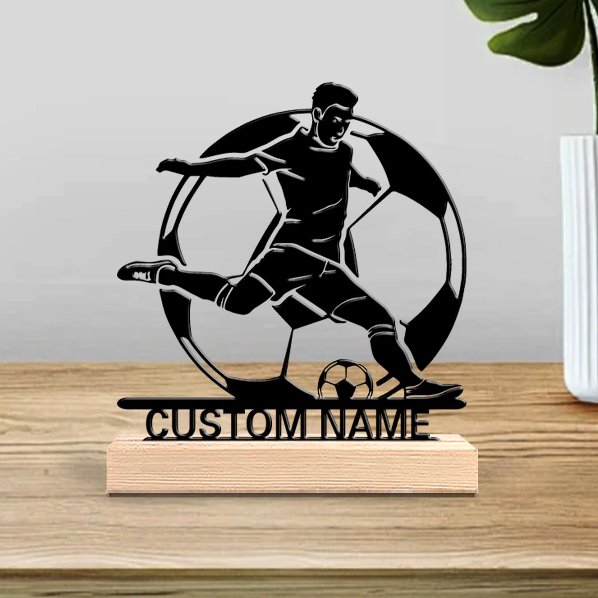 

1 pc charming Football player Custom Text Iron Ornament Tin Ornament With Wood Base Art Figurine With Wood Base