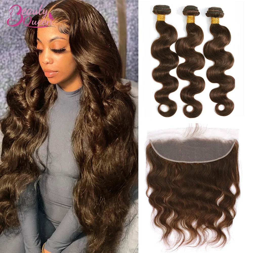 Pacotes de cor marrom chocolate com fechamento, 13x4 Lace, Body Wave, Cabelo Humano Brasileiro, Weave Bundles com extensões frontais, #4