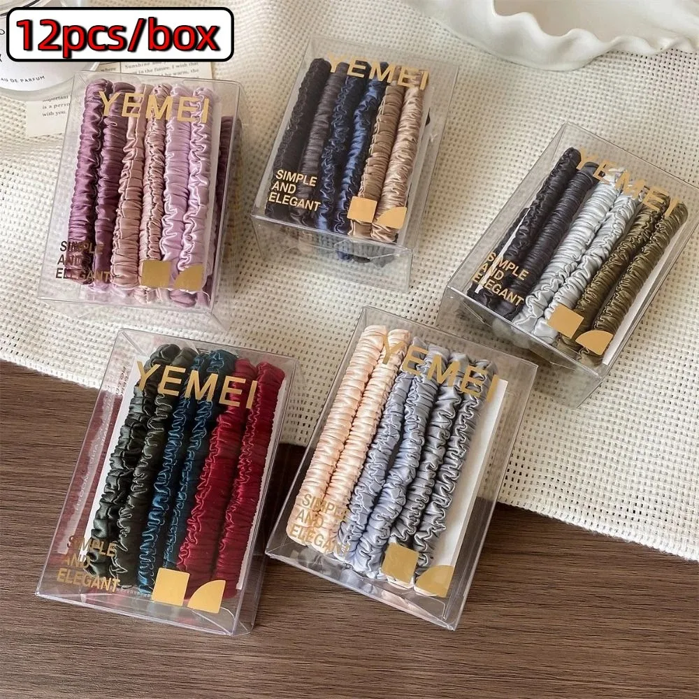 12pcs/box Boxed Silk Hair Rope Set Solid Color High Elasticity Colorful Hair Scrunchies Hair Ring Ponytail Holder Basic Hair Tie