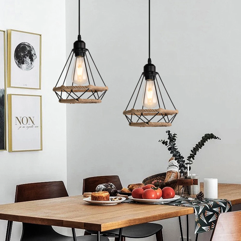 

Hemp Rope Pendant Light Industrial Retro Iron Cage Hanging Lampshade Lamp Vintage Chandelier for Home Kitchen Living Room Decor