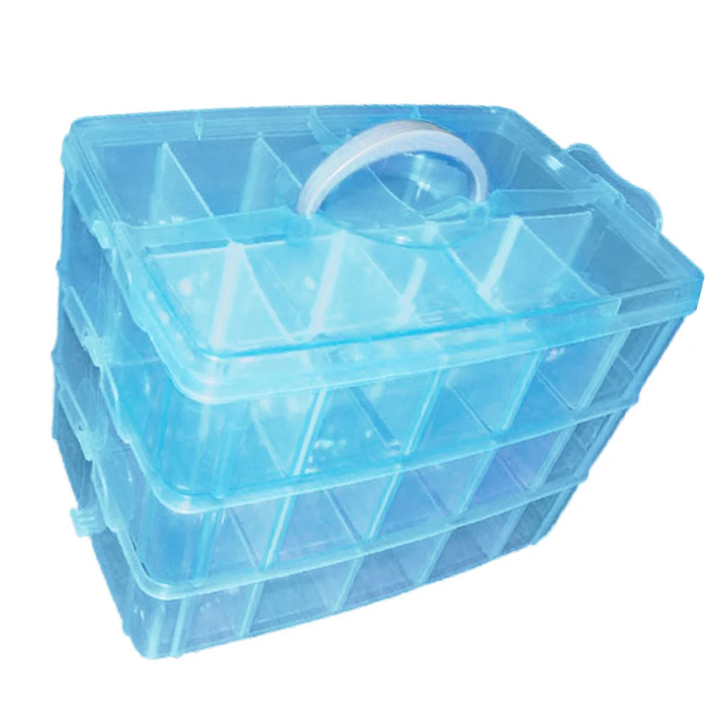 

30 Grids 3-Layer Blue Plastic Jewelry Box Handle Detachable Dividers Organizer Case Makeup Brushes Containers