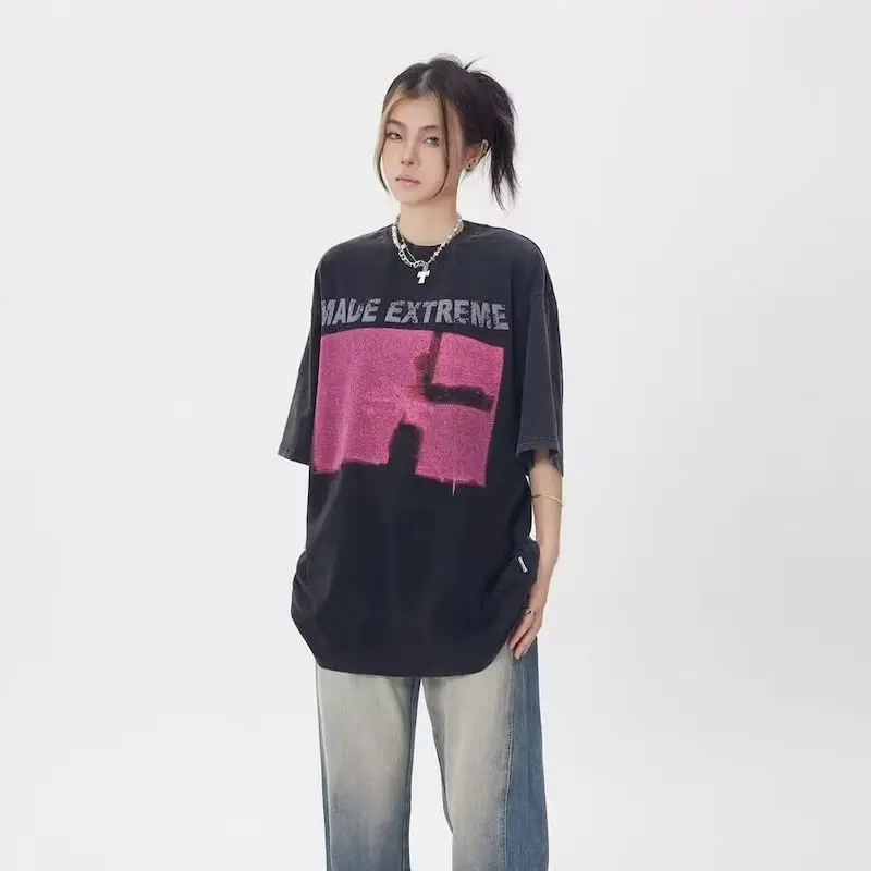 American Street Off Shoulder T-shirt for Men and Women Summer Vintage Loosetshirt Rock Casual Five Pointed Star Short Sleeve Top