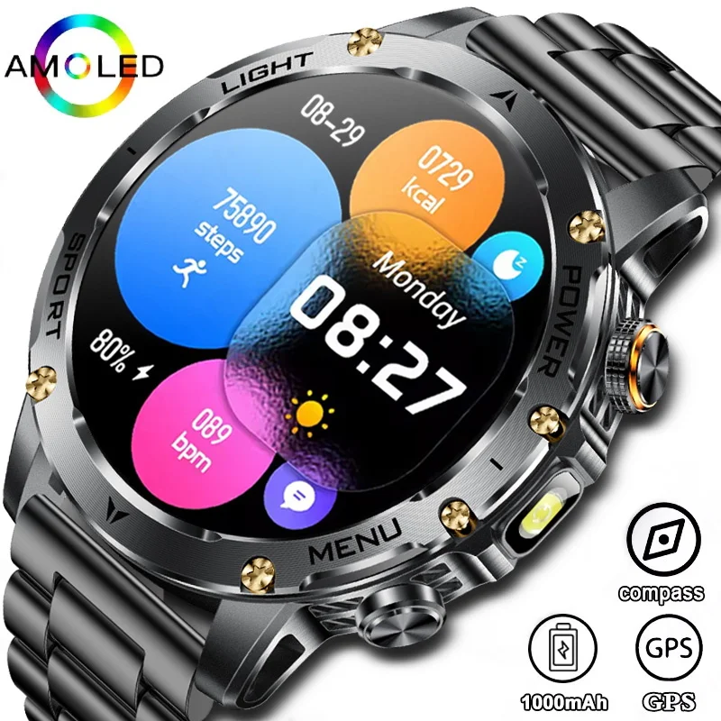 

2025 New Outdoor 1000mah Battery Smart Watches Men AMOLED Screen LED Flashlight 5ATM/IP69 BT Call Heart rate Sport Fitness Watch
