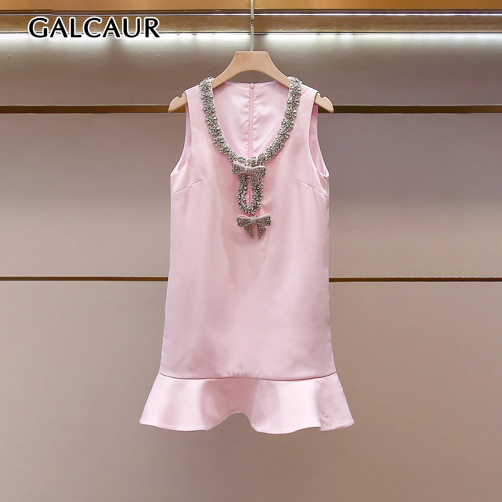 GALCAUR Solid Spliced Diamond Slim Mini Dress for Women V Neck Sleeveless Patchwork Zipper Bow Dresses Female Fashion New Style