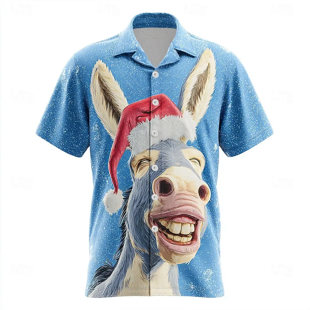 مضحك عيد الميلاد حمار الرسم الرجال قميص مهرجان عطلة عارضة قصيرة الأكمام قميص أزياء فضفاضة زر التلبيب أعلى مريحة #1