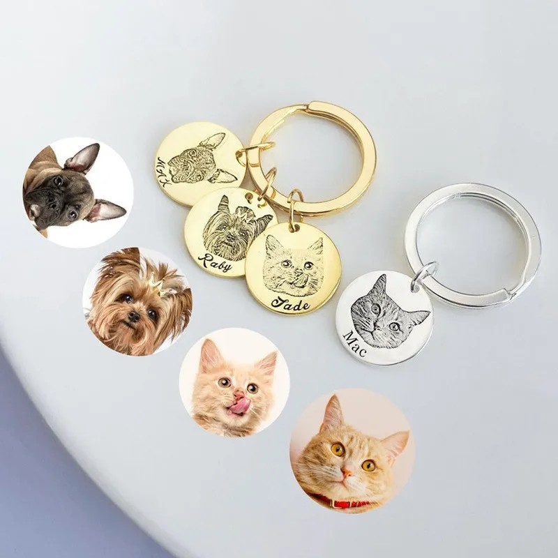 Stainless Steel Custom Pet Name Photo Keychains Personalized Dog Cat Engrave Picture Keyring For Animal Lover Gift For Her