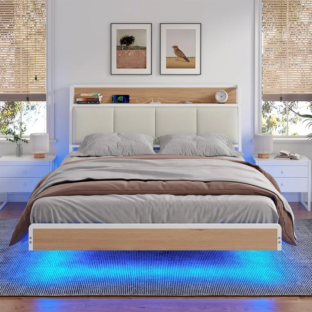 140 x 190, Lits 140x190 cm avec Multiprise et étagère Ouverte, Cadre de Lit avec Sommier à Lattes en Métal, Lits pour Adulte