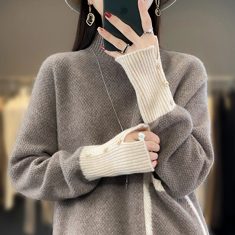 Large Size Sweater Clothing 2023 Autumn/Winter 100% Cashmere Wool Sweater Women\'s Half High Neck Knit Pullover Loose Fashion Top