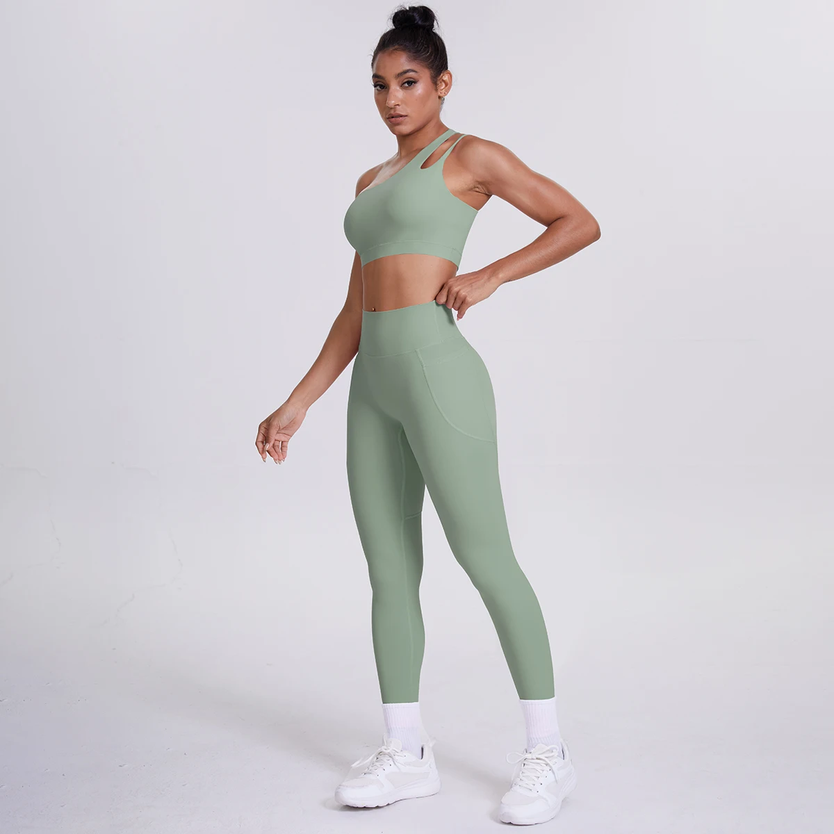 2-teiliges einfarbiges Sport-Yoga-Set für Damen, sexy, schräger Schulter-BH, Fitness-Top, Laufen, Radfahren, Taschen, Hosen, Fitnessstudio, Yoga-Set – Detail 20