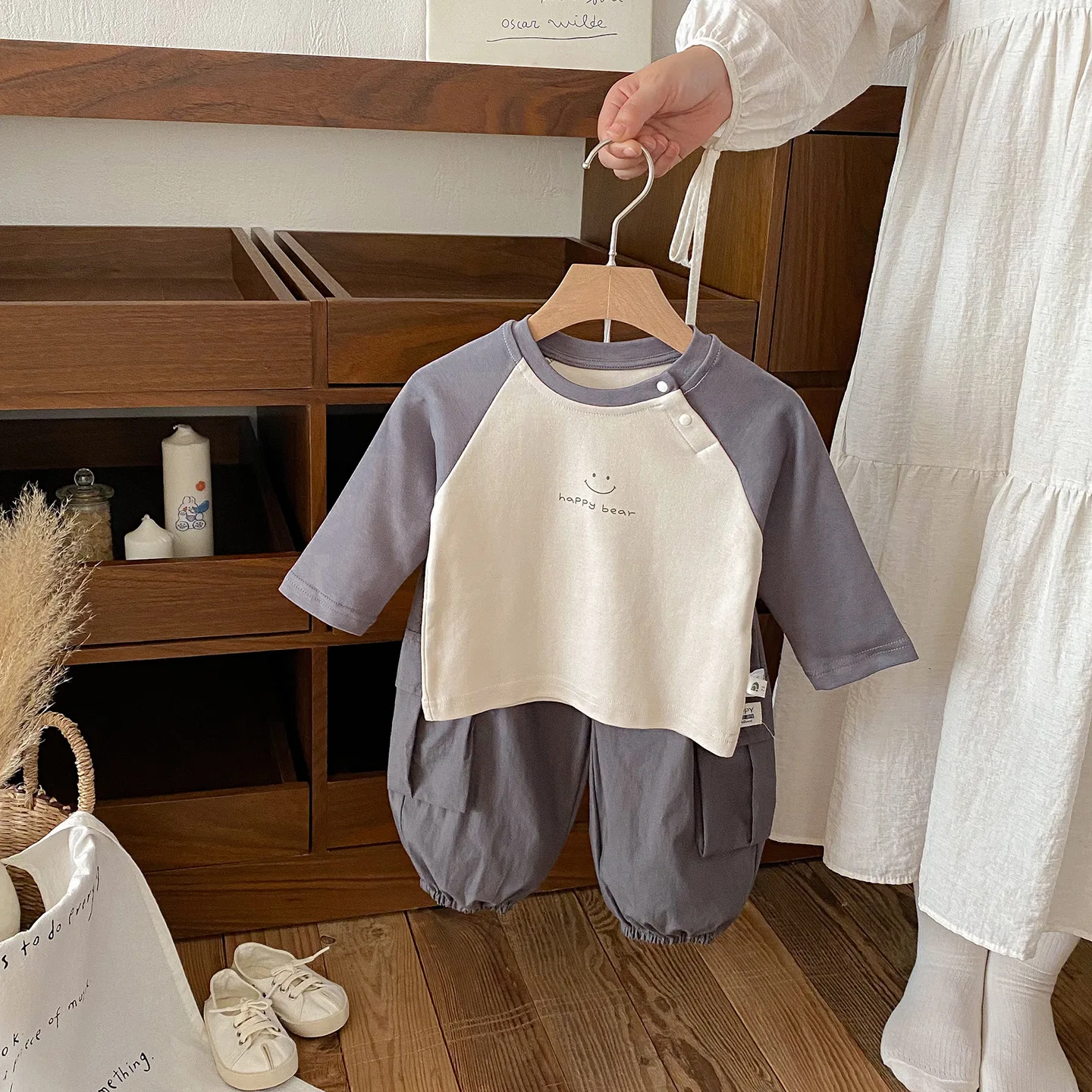 

Autumn Children's Two-piece Set Round-neck Long-sleeved Smiling Face Newborn Boys Top Elastic Waist Kid Boy Small Pocket Overall