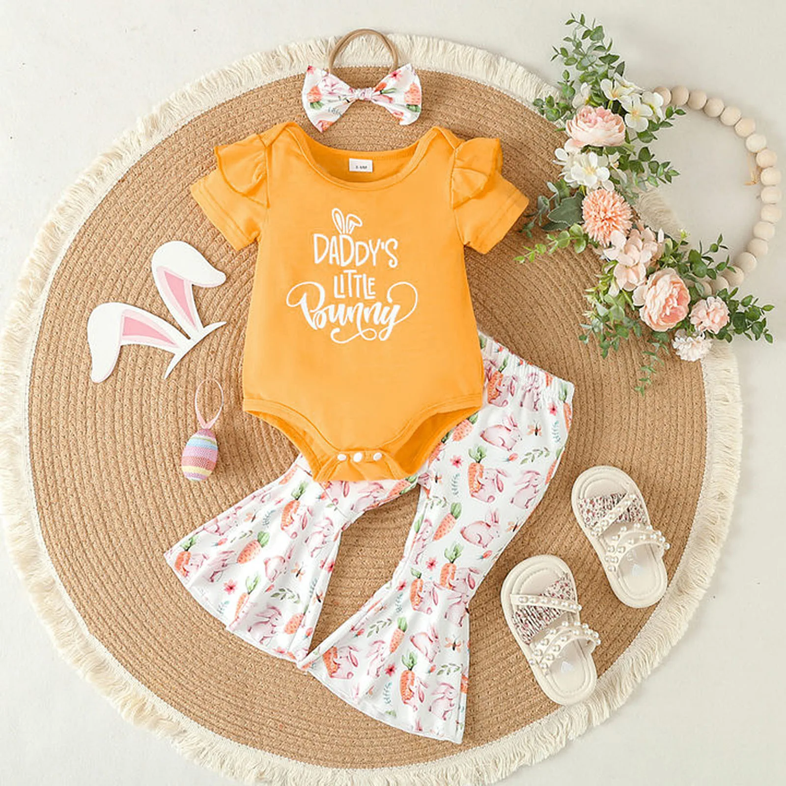 

Long Sleeve Pajamas Girls Toddler Girls Summer Easter Short Sleeve Letter Prints Romper Bodysuit Baby Welcome Home Outfit Girl