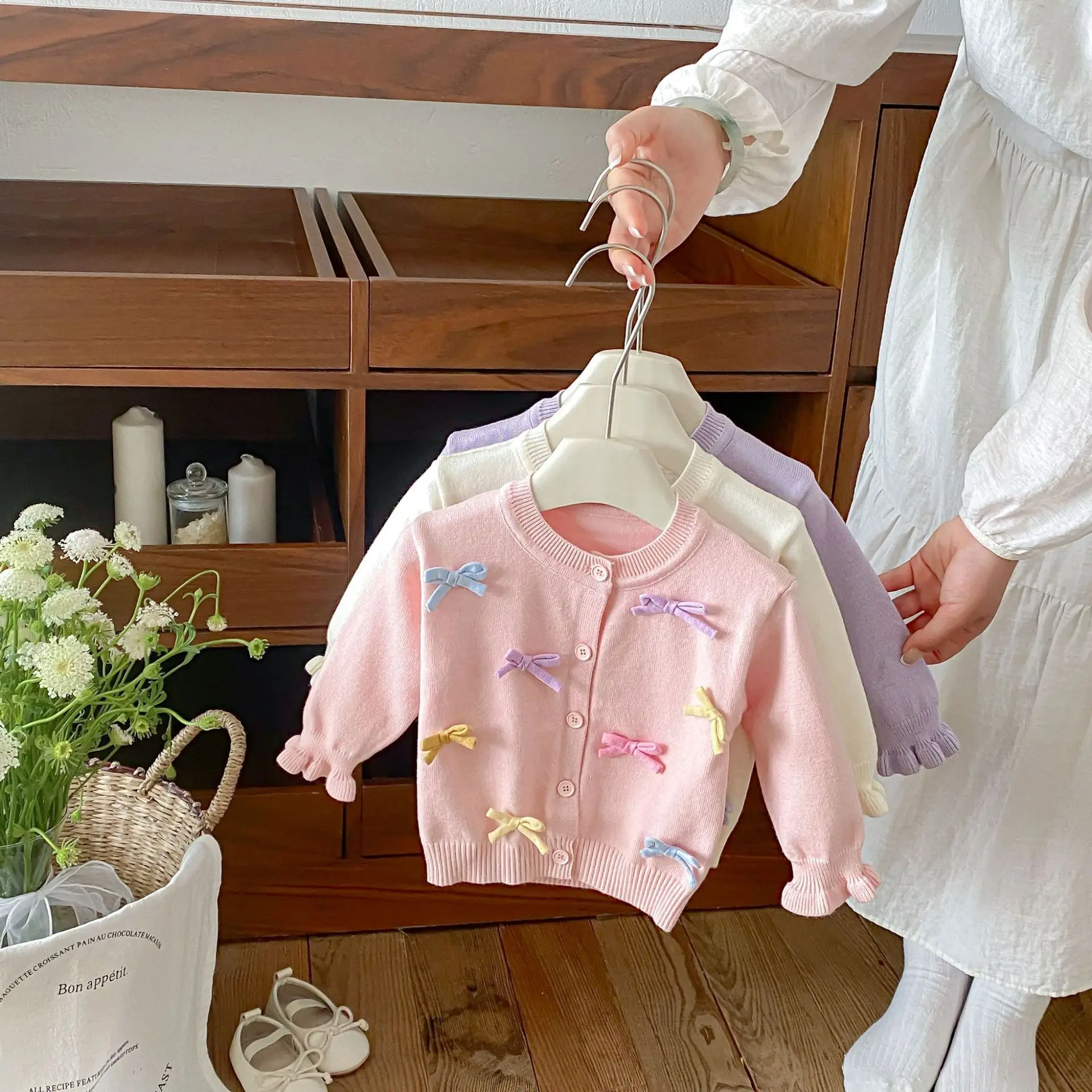 2026 Autumn New Baby Girl Sweet Bow Cardigan Tops Cotton Girls Long Sleeve Knitted Sweater Coat Infant Toddler Clothes