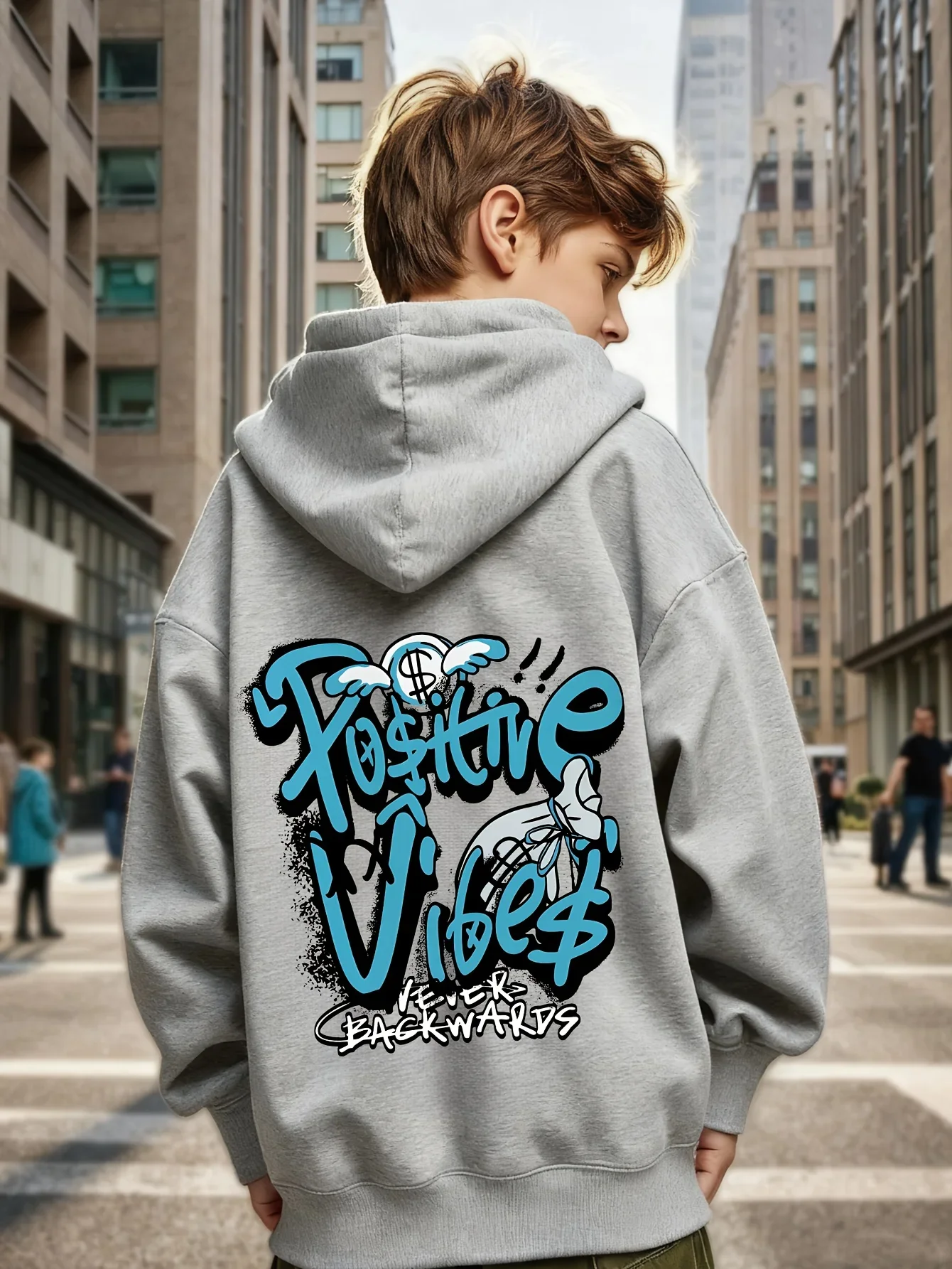 Korean Hot Boys Hoodie Hip Hop Graffiti Money Wing Print Unisex Children Hooded Sweatshirt