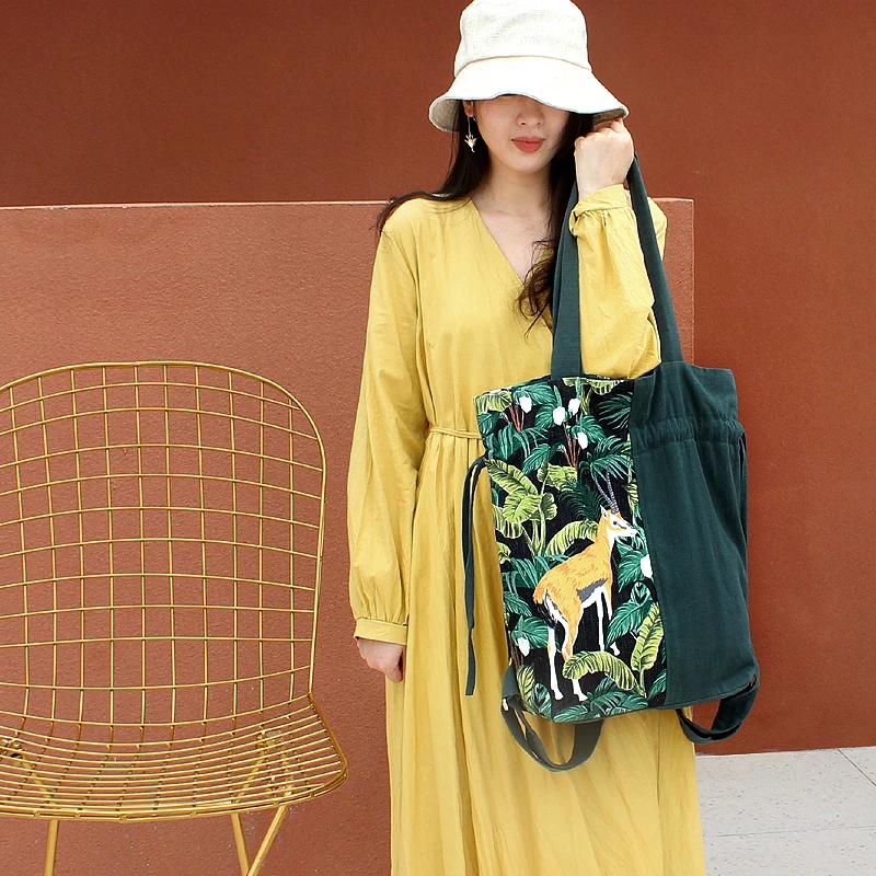 Original women bags Green cotton linen large-capacity shoulder bag Fashion drawstring vacation travel bags