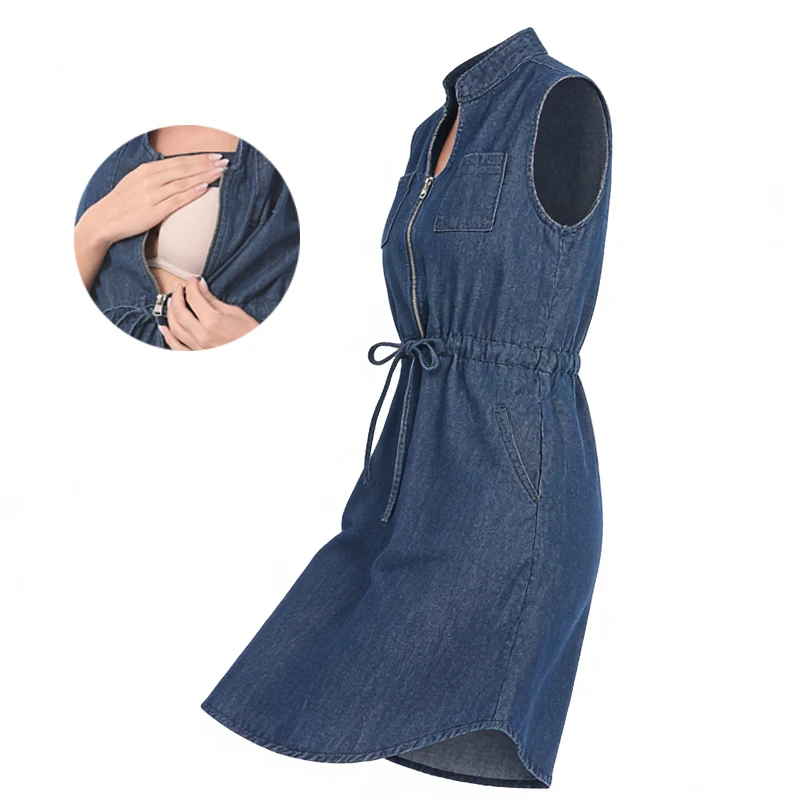 大きいサイズのノースリーブデニムマタニティドレス調節可能なウエストバンド授乳ドレス妊婦用快適な着用感