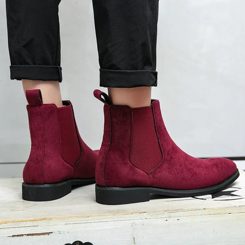 Wine Red Men Chelsea Boots Flock Round Toe Business Boots for Men with Low Heels Slip on Men Boots Bottes Pour Hommes 2024