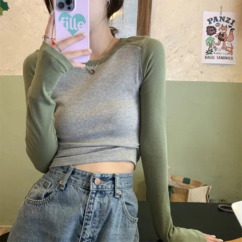 

Женская модная облегающая футболка с длинным рукавом и круглым вырезом, в рубчик, весна-осень, тонкая, с рукавом реглан