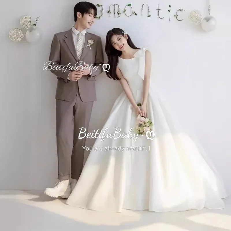 

BeitifuBaby Simple Style Bridal Dresses Bow Decoration Sleeveless Zipper Wedding White Dress for Women Gown Vestidos De Novia