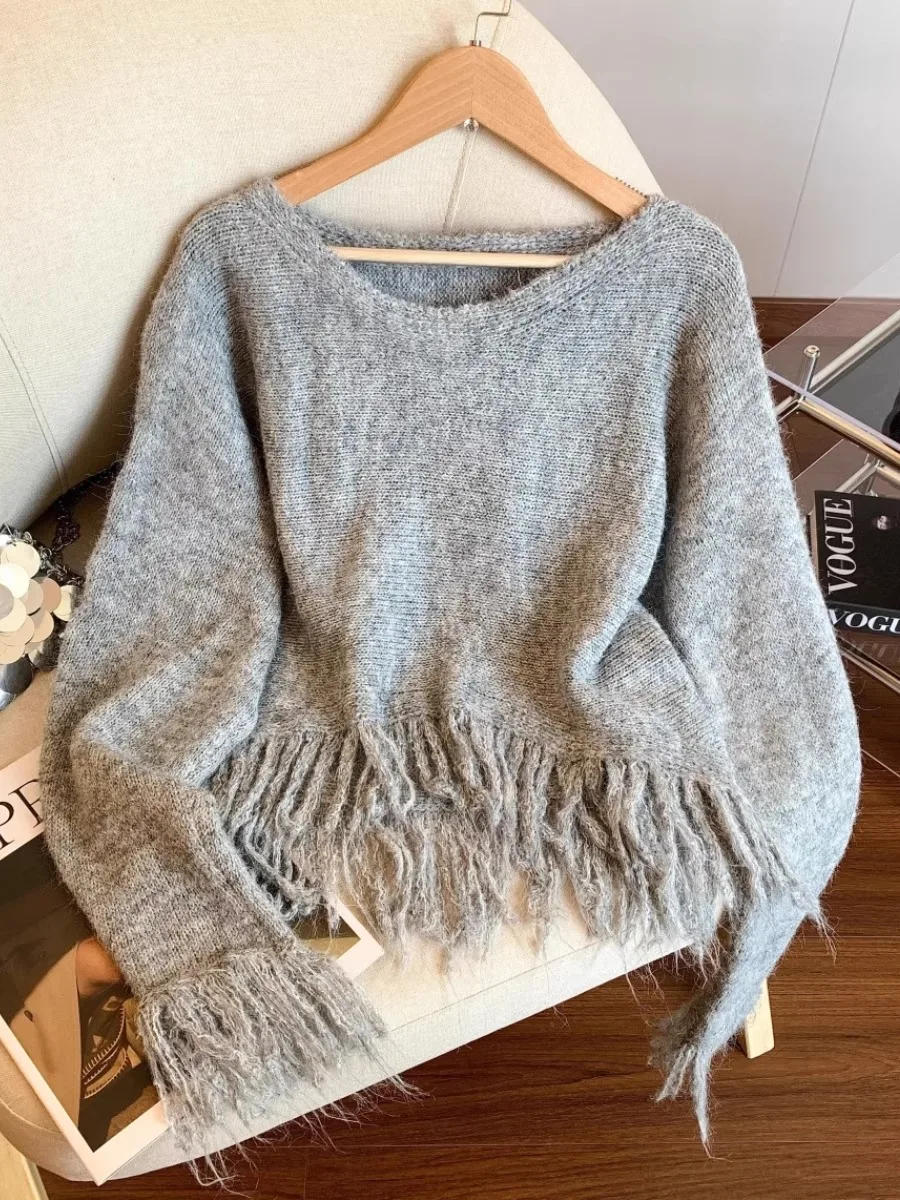 

Удобный корейский свитер с ленивыми свободными глазами, мягкий уютный женский вязаный свитер ранней осени, модный топ с кисточками