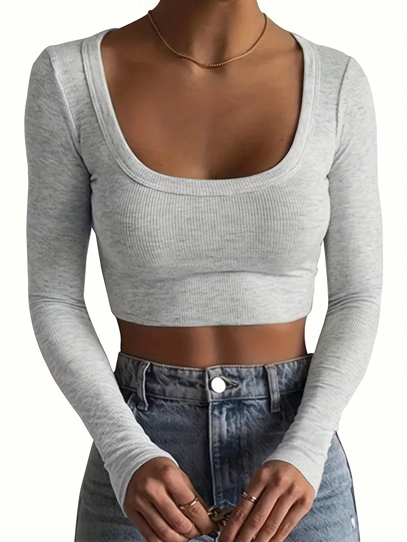 Spring And Winter Women's Short Top Long Sleeves Casual Sexy Slim Shoulder Crop Daily Wear Every Base