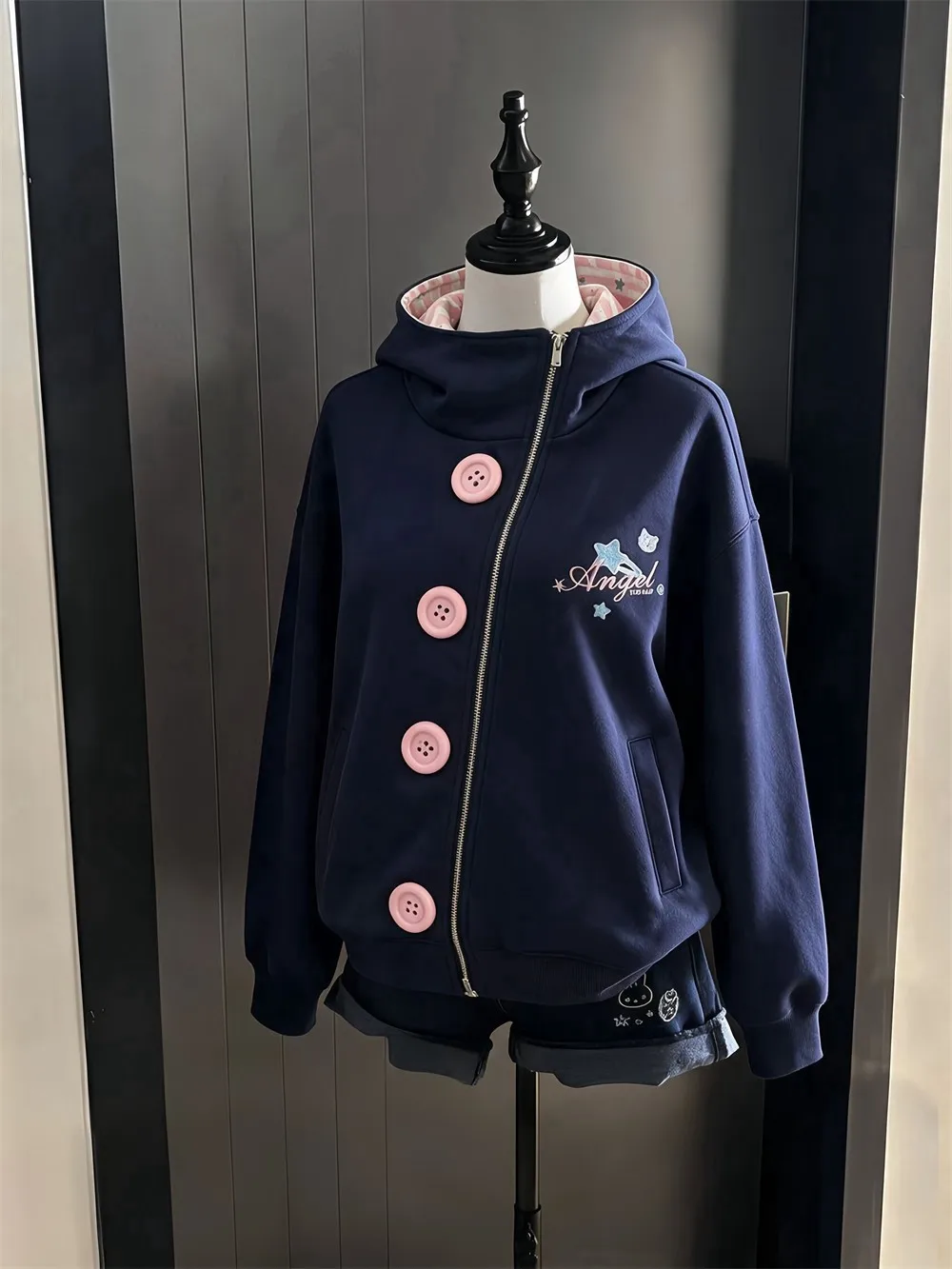 Trendy Star Stripe Hooded Open Cardigan Jacket Women's Loose Design Sweet Girl Top Autumn New Style Gothic Style Short Outerwear