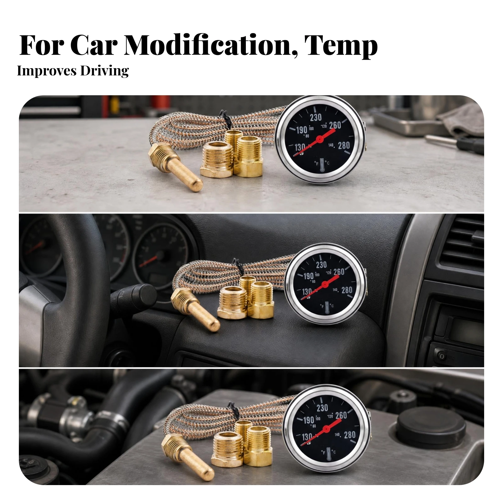 Mechanical Water Temperature Gauge Dual Scale Car Water Temperature Gauge Vehicle Instrument Capillary Tube Brass Adapters