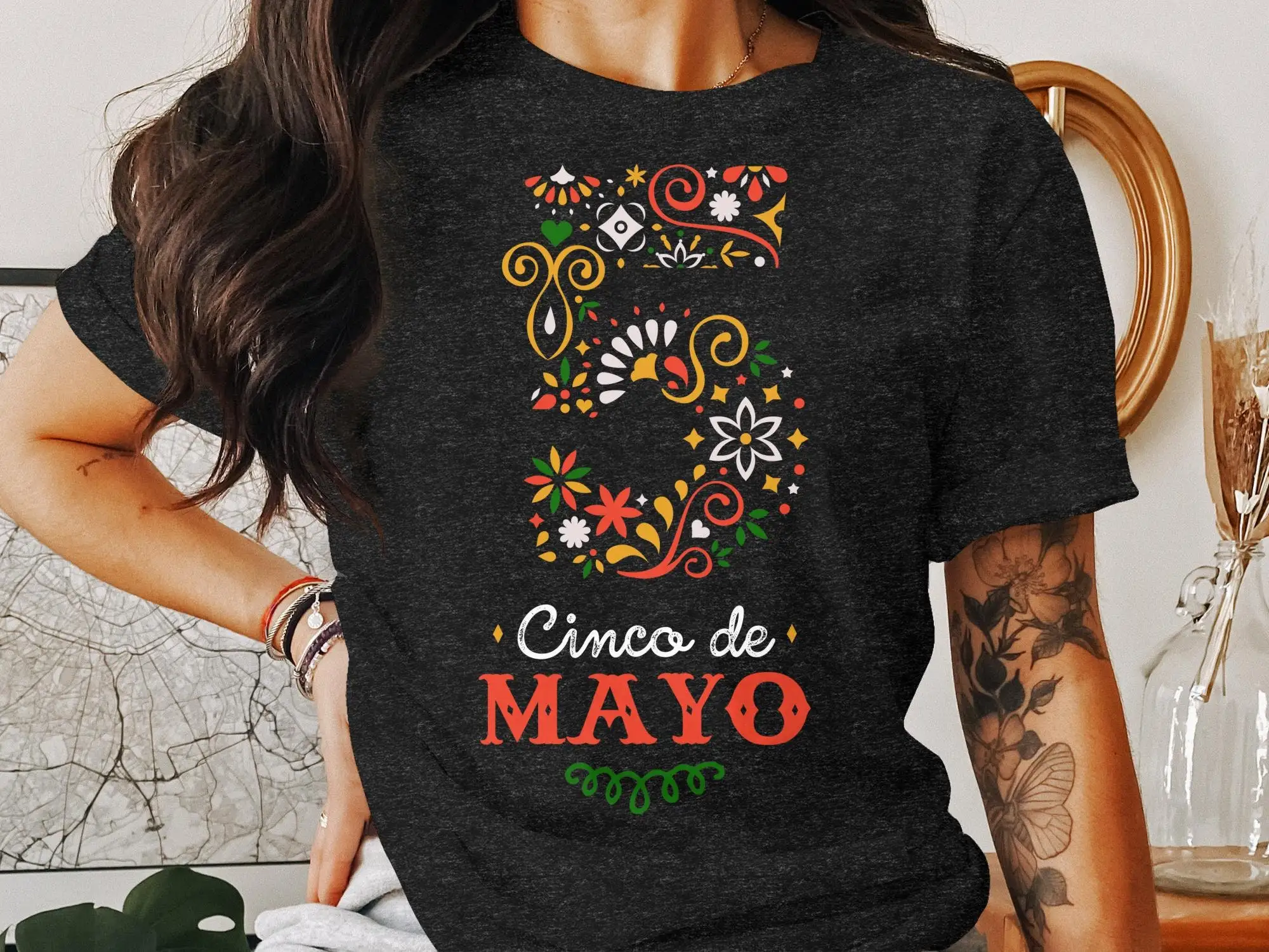 Festive Cinco De Mayo T Shirt Colorful Floral Pattern Adult Clothing Mexican Holiday Celebration