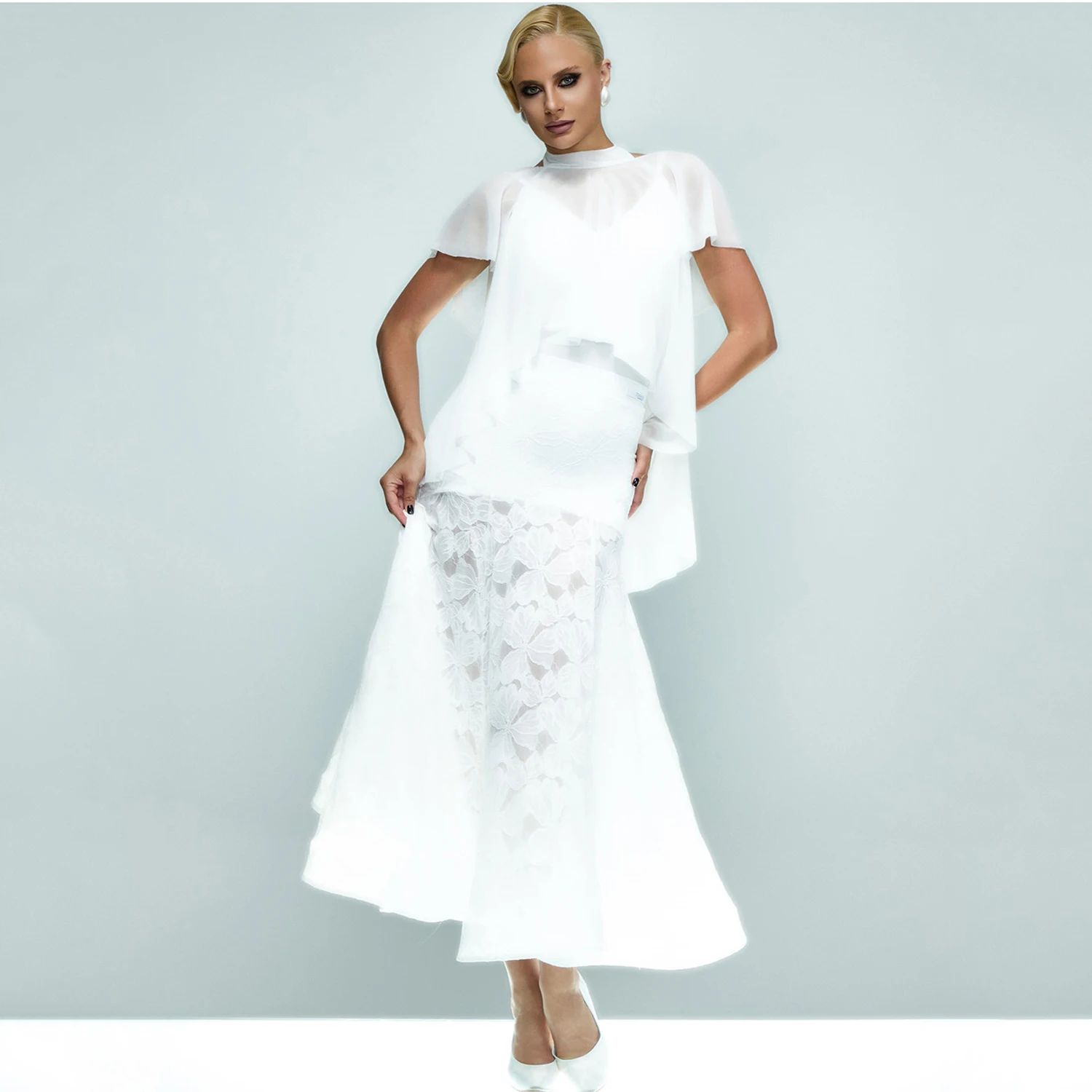 Robe de danse de salon pour femmes, hauts blancs, jupe en arête de poisson en dentelle, robe de concours de bal, vêtements d'entraînement de danse valse DNV24258