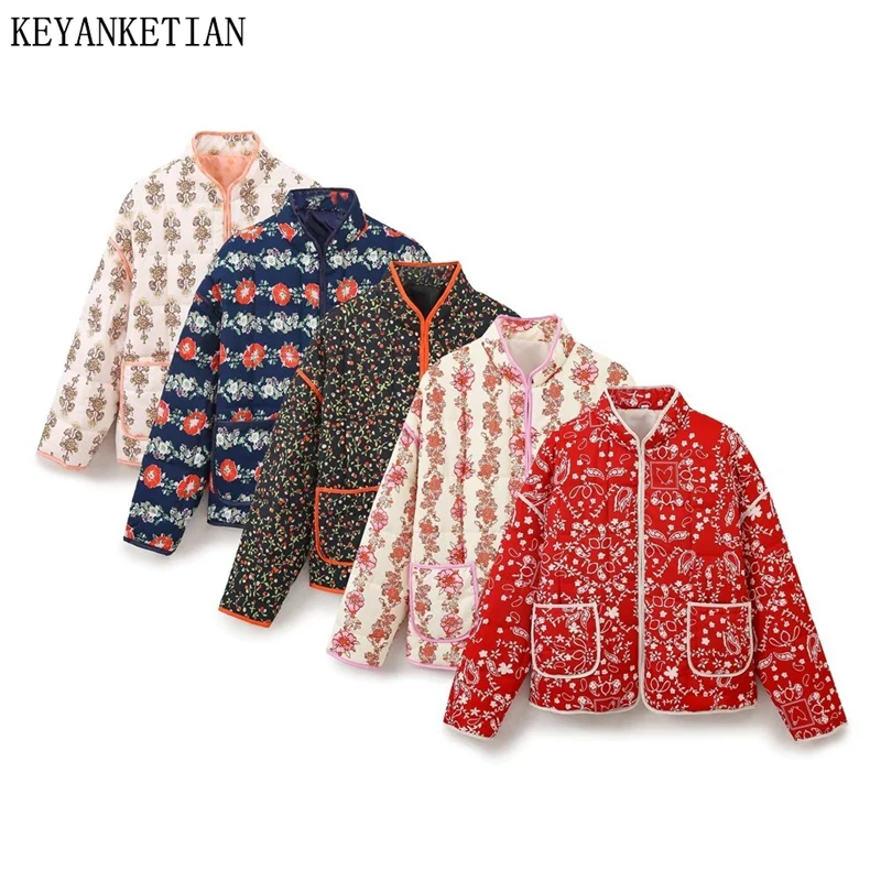 

KEYANKETIAN 2024 Autumn/Winter New Women's Flower Print Quilted Outwear Jacket Binding Pockets Loose Covered Button Outerwear