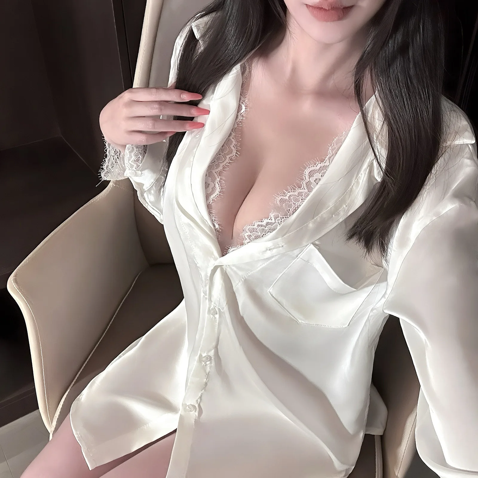 White Lapel Shirt Shorts 2Pcs Pajamas Female Sleepwear Sexy Lace Trim Homewear Nightwear Summer New Loungewear Lingerie