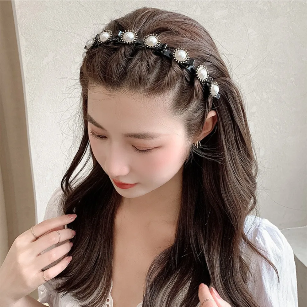 

Rhinestone Lazy Girls Hair Braider Hair Hoops Pearl Flower Braided Tools Hairband Face Washing Elegant Hair Toothed Headband