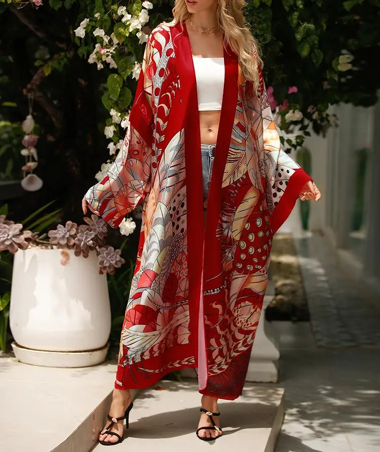 

Plus Size Boho Cover Up, Women's Plus Tribal Print Long Sleeve Cover Up Long Cardigan