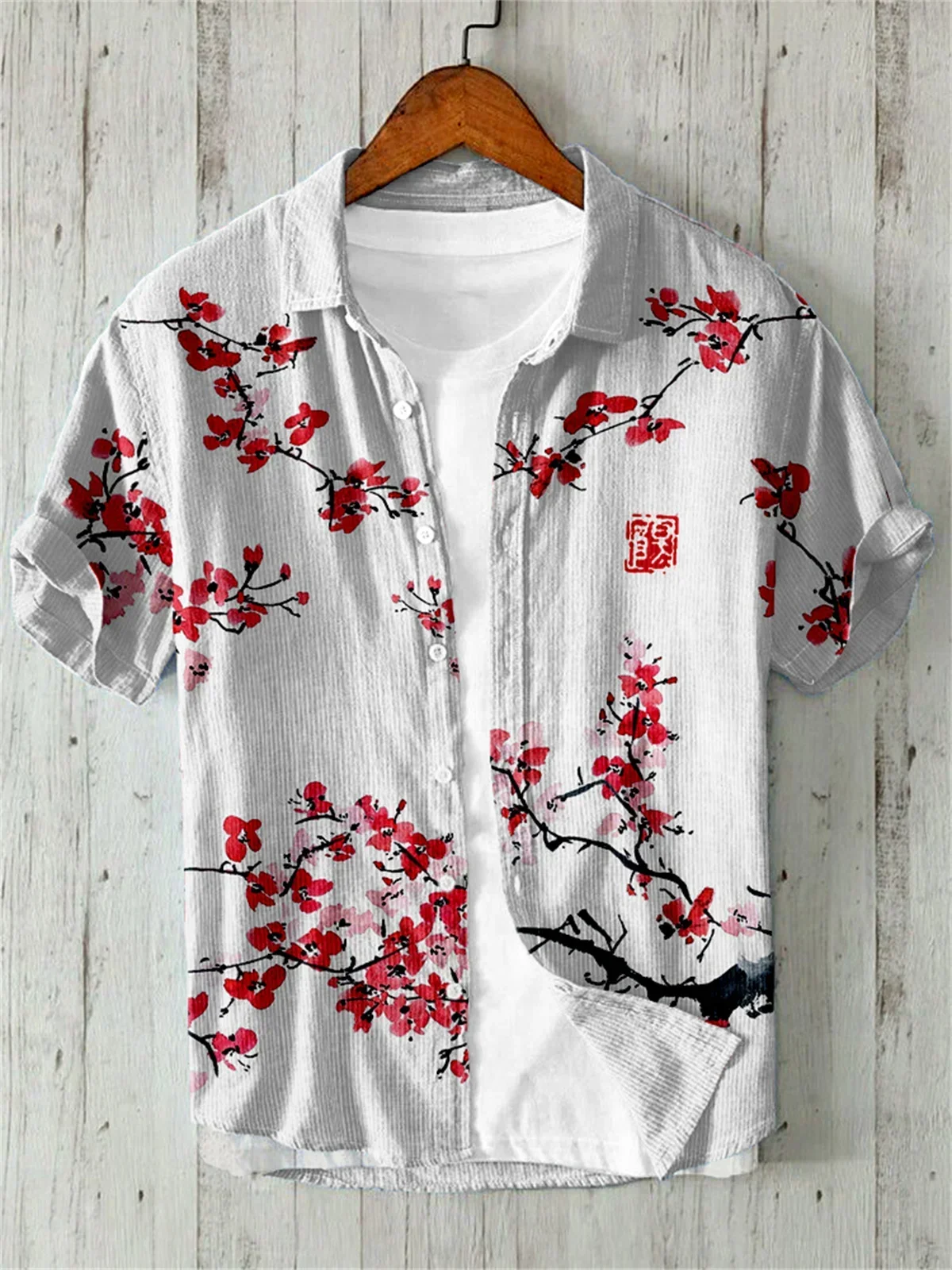 Camisa masculina de manga curta lapela, praia havaiana, linho, peito único, top casual de férias, arte japonesa, estampa polvo