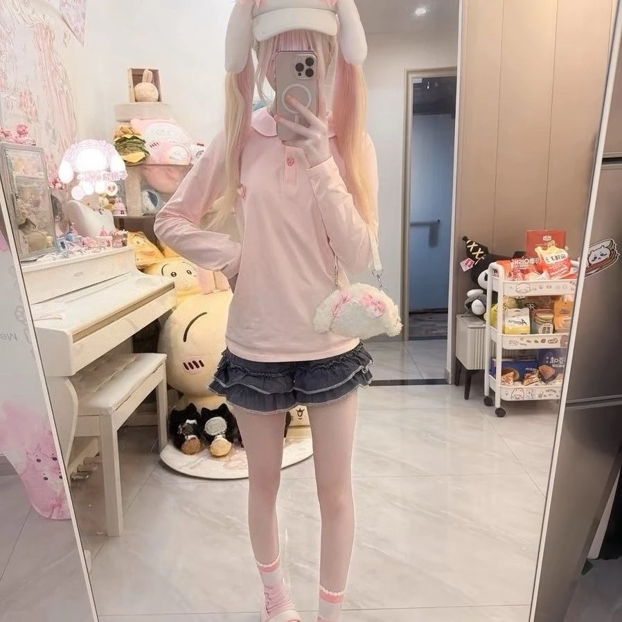 Japanese Cute Peter Pan Collar Strawberry Embroidered Long Sleeve T-shirt Autumn New All Match Loose Sweet Girl Y2k Top