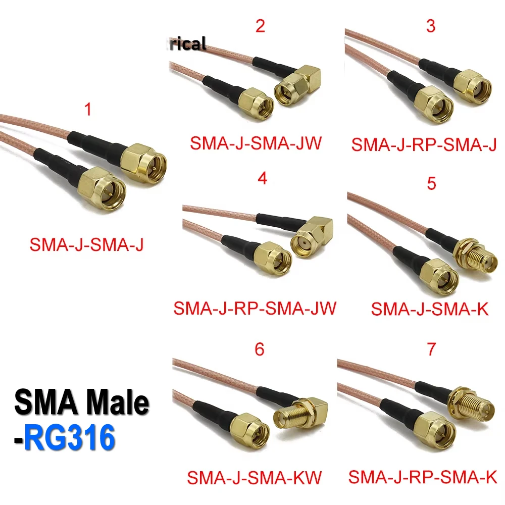 RG316 SMA to SMA / RP-SMA RF Coaxial Cable Male Plug Female Jack Connector Jumper Pigtail Antenna Extension Wire WiFi FPV Radio