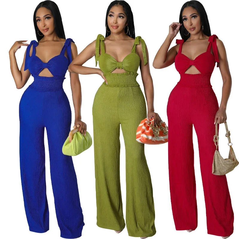 

2024 New Temperament Open Back Waist Cut Out Pleated Strap Solid Color Casual Straight Jumpsuit for Women