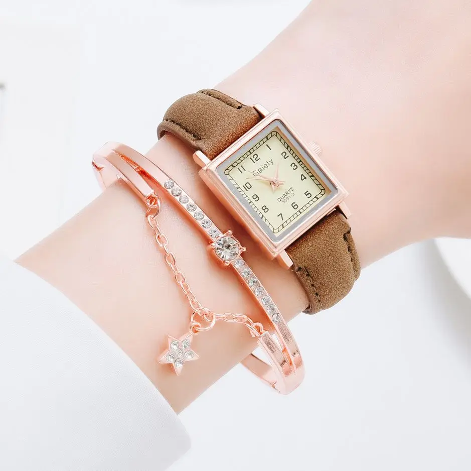 

New Rectangle Quartz Women Watch Set Rhinestone Bracelet Leather Ladies Watches Casual Female Wristwatch Fashion Clock relogio