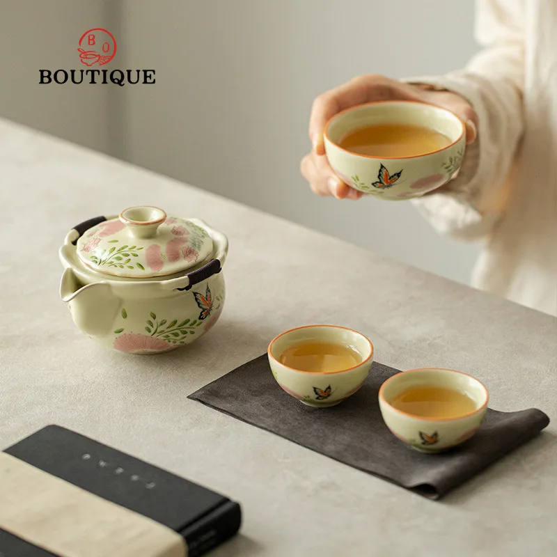 Hand Painted Portable Tea Set Cloth Bag Ceramic Outdoor Teacup Set Tea Pot Travel Tea Accessories Mate Chinese Cup Gaiwan Maker