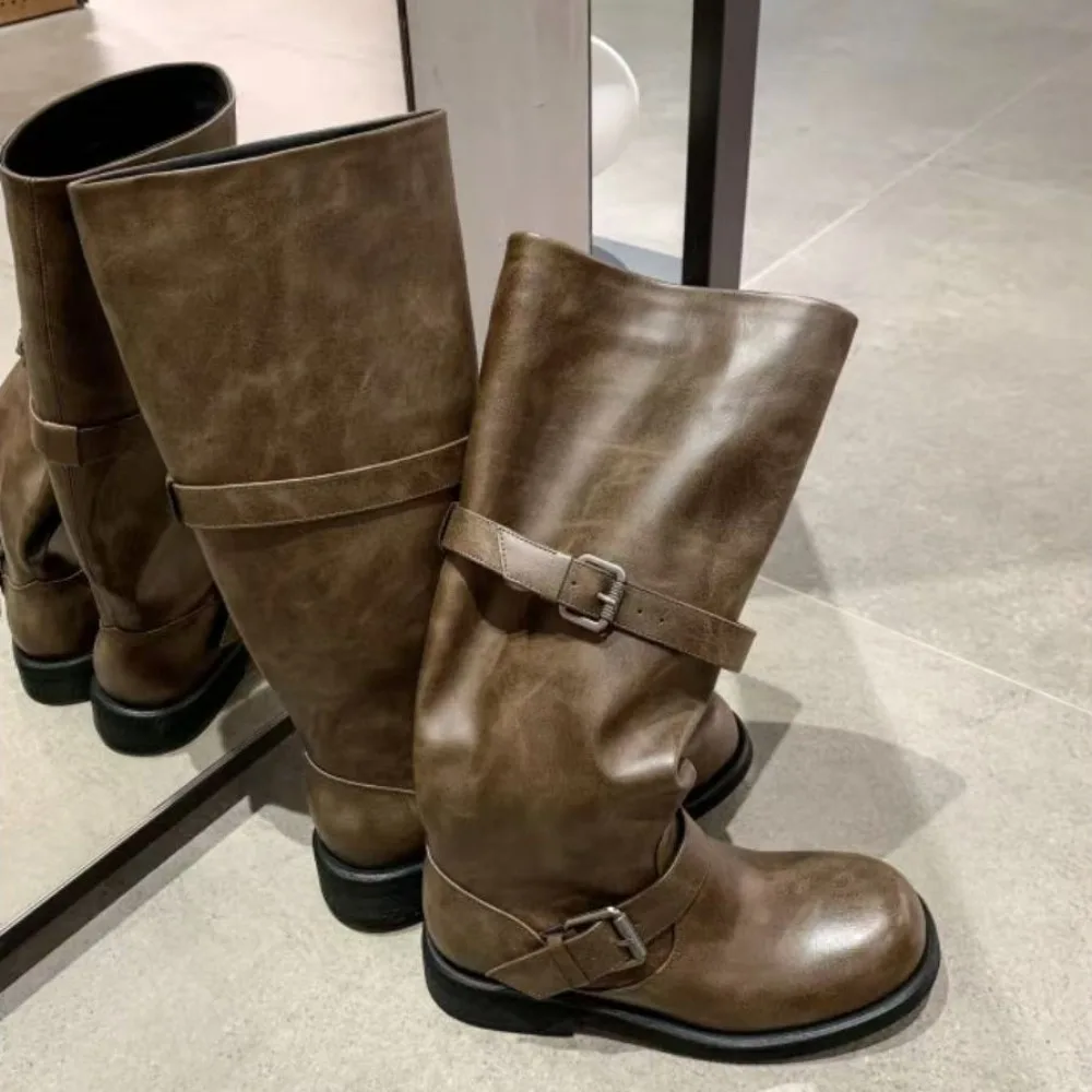 

Vintage Knee High Boots Belt Buckle Round Toe Flat with Turned-Over Edge Genuine Leather Solid Color Fashion Elegant Sexy Boots