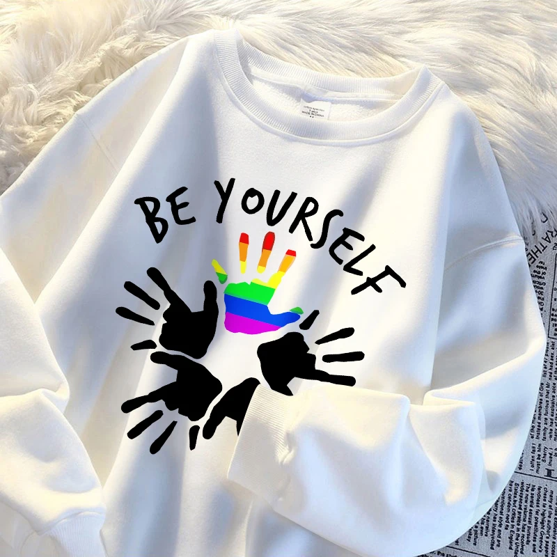 

Be Yourself And Colorful Handprints Womens Sweatshirt Simple Loose Autumn Hooded Street Fleece Warm Hoodies Hipster Crewneck