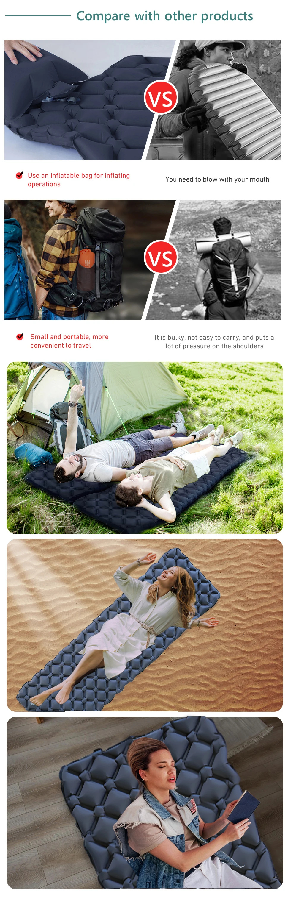 WESTTUNE Camping-Isomatte, ultraleichte aufblasbare Matratze, tragbare Outdoor-Luftkissen-Schlafmatte für Reisen, Wandern – Detail 5
