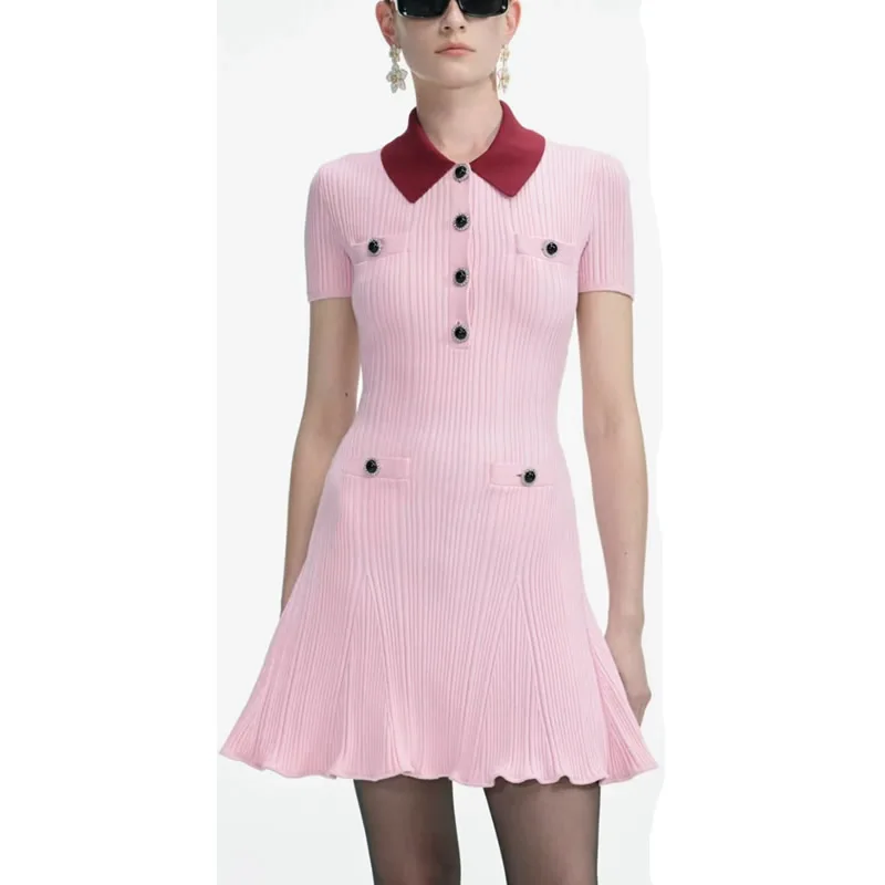 Elegant Short Sleeve Mini Dresses Fashion Colorblock Women Knitted Cotton Dress