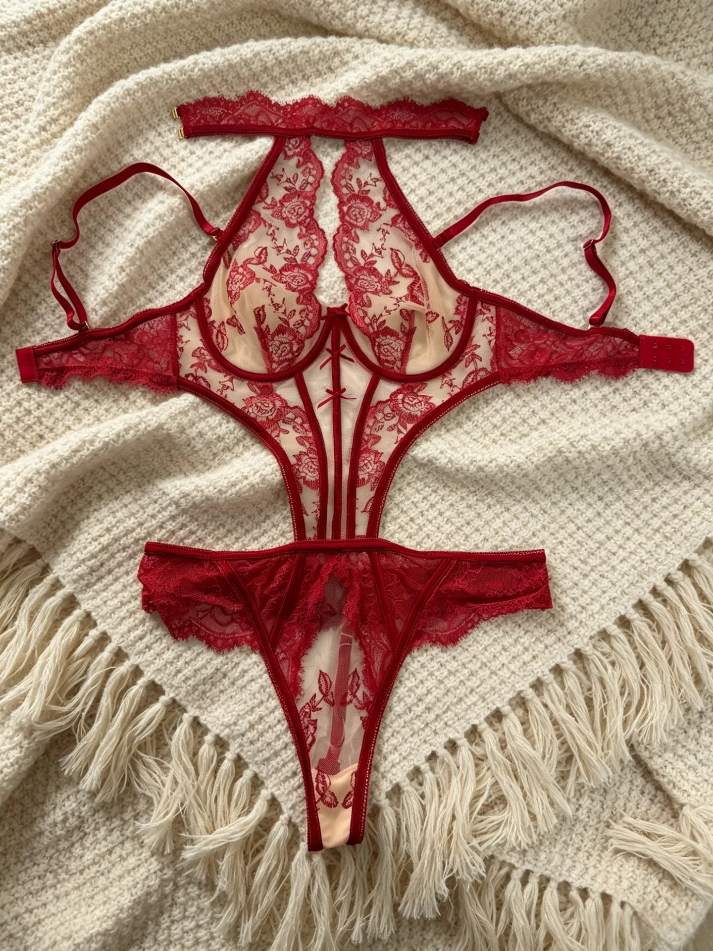 Ellolace Verführerischer Bodysuit für Damen: Spitzen-Body mit Stickerei, Tanga, abnehmbaren Trägern und Neckholder-Design – Transparente Unterwäsche
