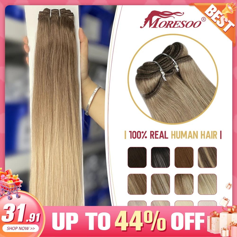 Moresoo-mechones de pelo humano Rubio Natural, pelo Remy liso, tejido de trama brasileña, extensiones de cabello Real de 100G extensión de cabello humano extensión de cabello humano alta calidad extenciones naturales e