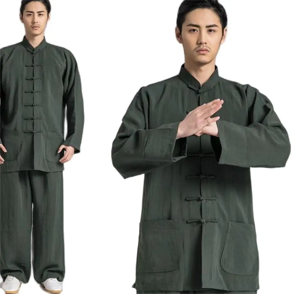 Man Fall Linen Buckle Kung Fu Shirt Oriental Retro Top Pants Tai Chi Breathable Uniforms Hanfu Chinese Traditional Clothing Set