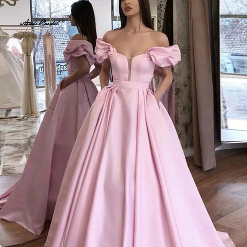 Elegante roze galajurk off-shoulder avondjurken satijnen feestjurk Dubai Kaftan Saoedi-Arabische formele jurk Robe De Soiree