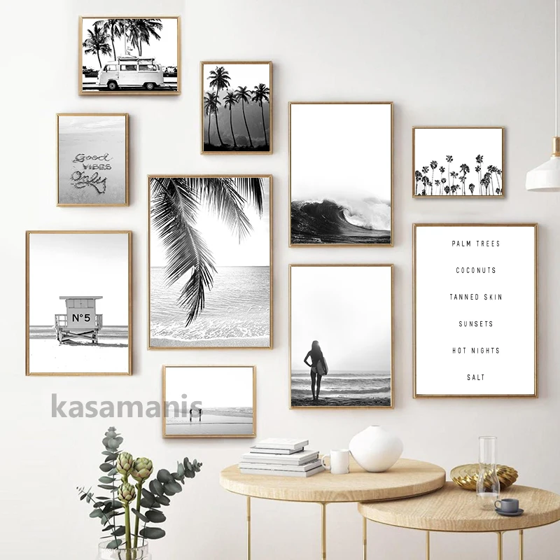 Black and White Coastal Surfing Landscape Posters & Prints Sea Wave Surfboard Photography Pictures Canvas Painting Home Decor