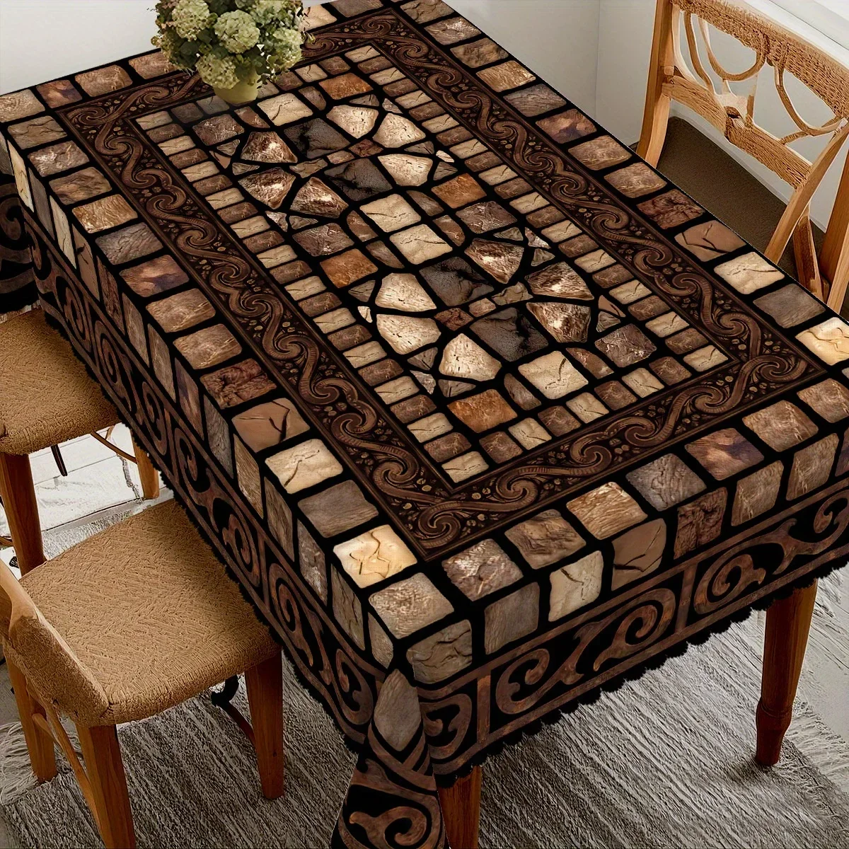 Retro stone mosaic tablecloth, featuring stone blocks and scroll patterns, in a brown beige color, yzb