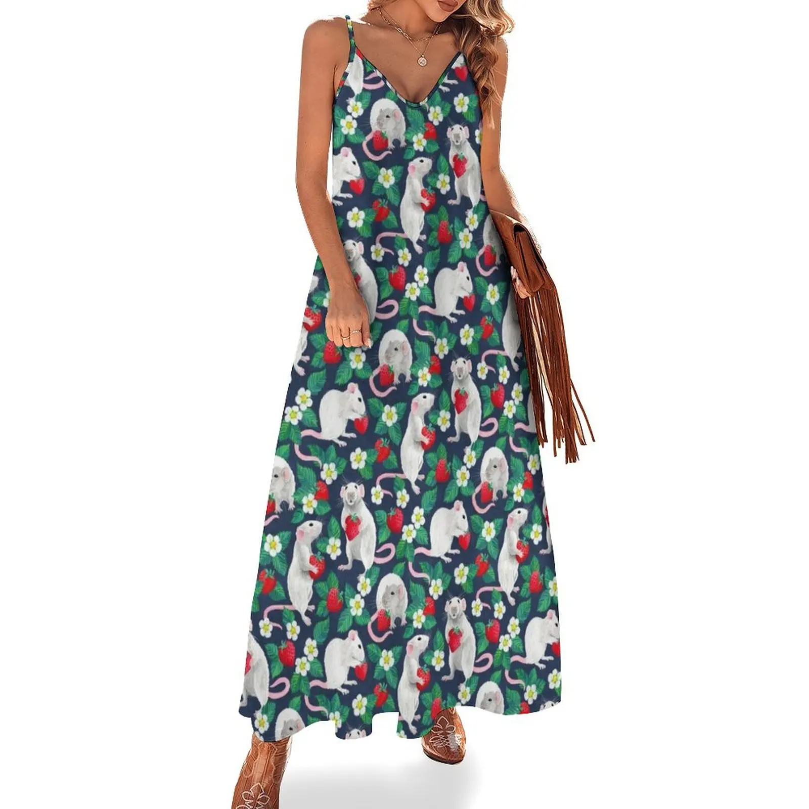 

Rats Love Strawberries on navy blue Sleeveless Dress Dress women bandage dress
