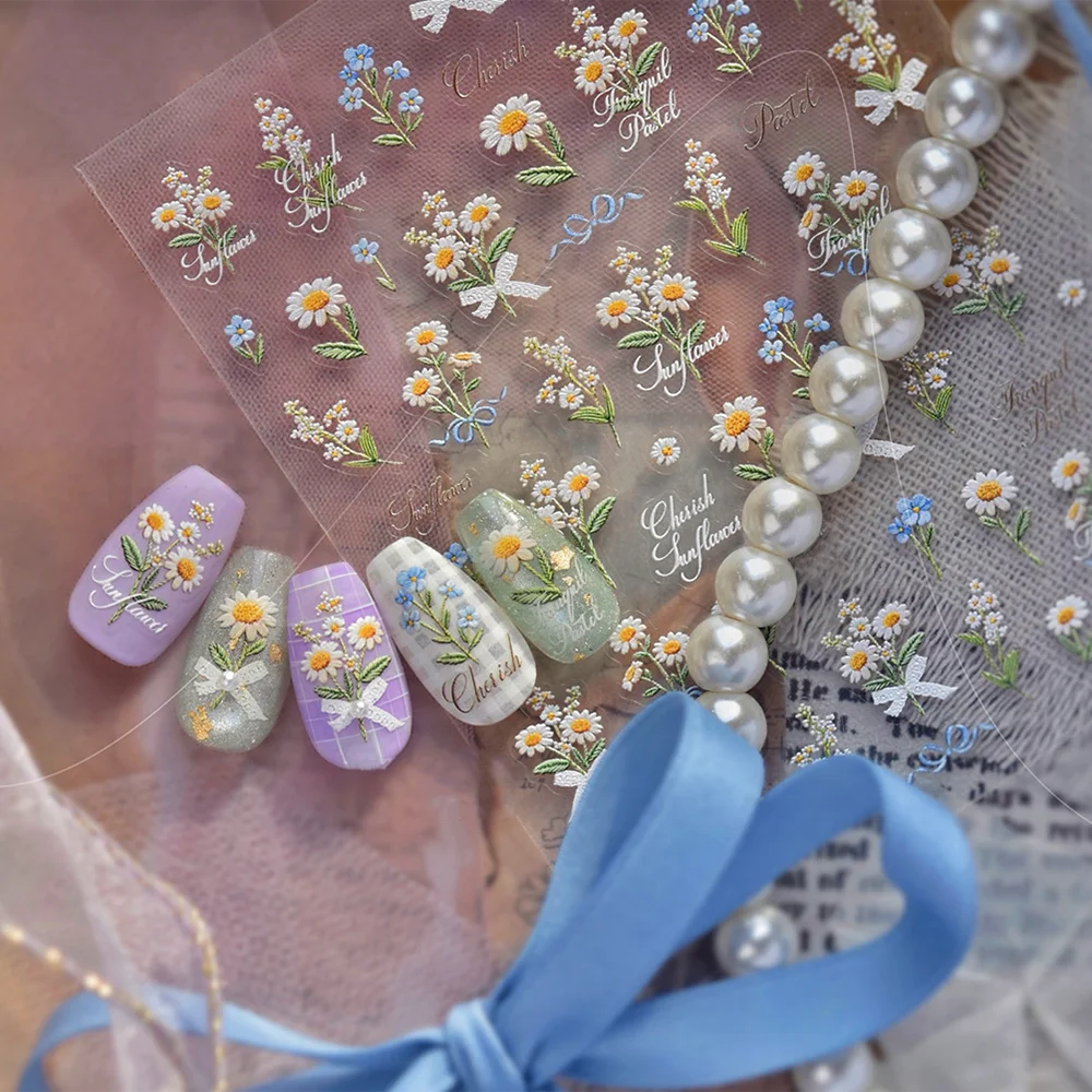 

1pcs 5D Sunflower Blue Wildflowers Nail Art Stickers Hot Stamping Colorful Mini Flower Nail Decals White Daisy Nail Decorations